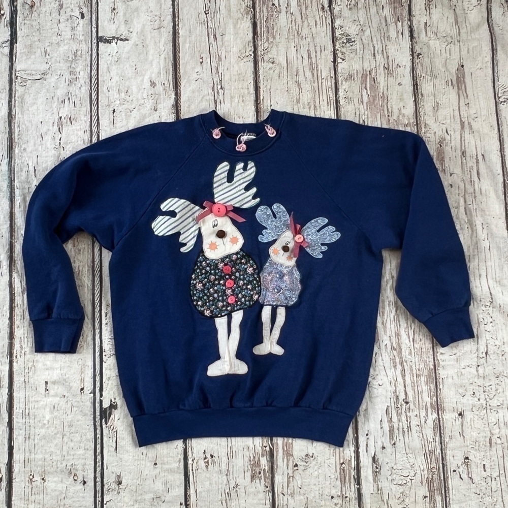 Vintage 80s Moose Family Cartoon Animal Print 1980s Blue Crewneck Sweatshirt